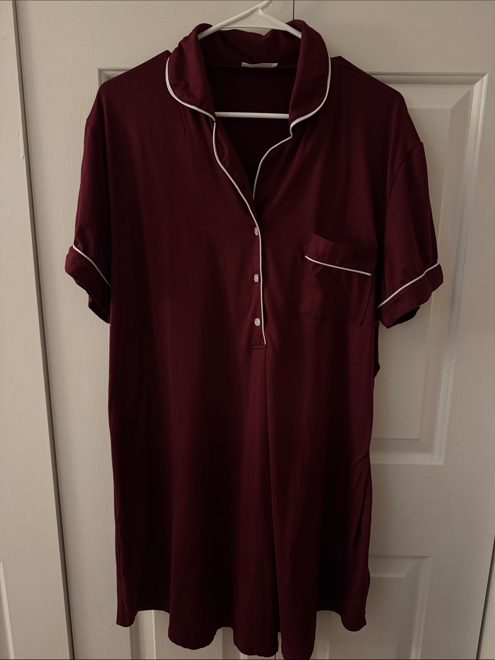 Short Sleeve Burgundy Nightshirt with Contrast Piping